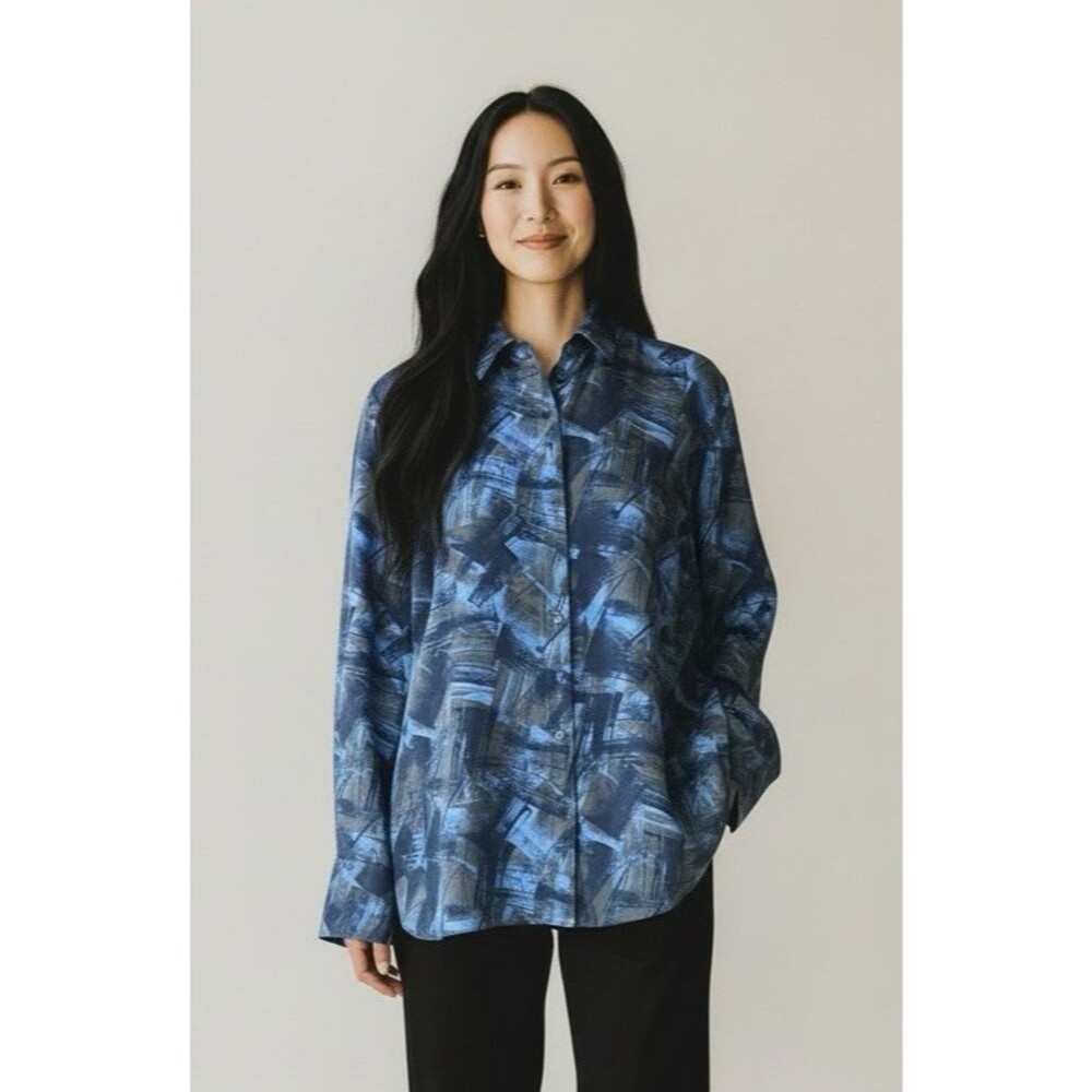 Lafayette 148 New York 100% Silk Abstract Print Button Up Blouse Blue Large